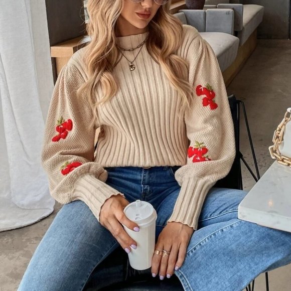 Strawberry Ribbed Knit Sweater Top Cozy Khaki - Picture 2 of 6